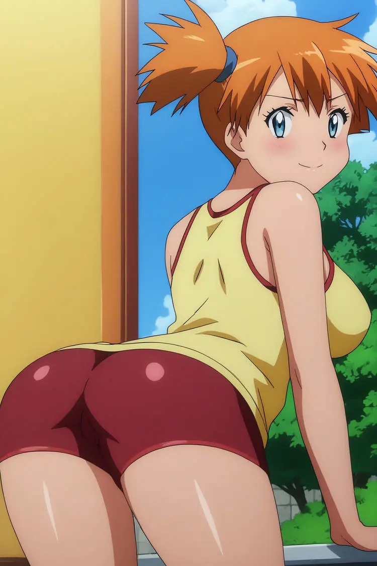 Image big_breasts,blush,breasts,female,female_only,hi_res,highres,looking_at_viewer,shiny_skin,smile,solo,blue_eyes,pokemon,big_ass,looking_back,thick_thighs,ai_generated,from_behind,stable_diffusion,busty,curvy,nintendo,sleeveless,ass_focus,kasumi_(pokemon),bike_shorts,game_freak,pokemon_(game),short_shorts,creatures_(company),pokemon_trainer,pokemon_rgby,seraphim_ai,yellow_shirt,pony_diffusion_xl,arms_at_sides