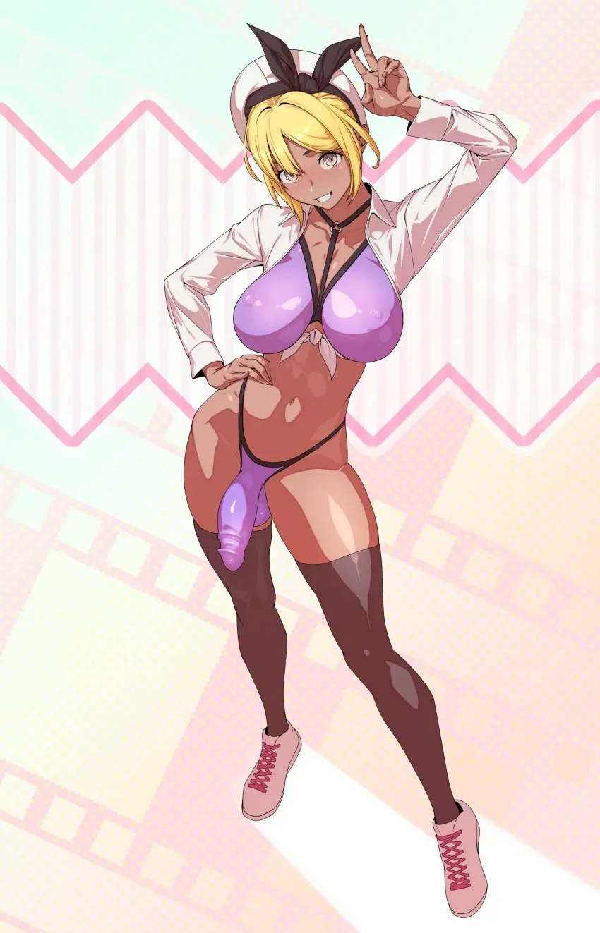 Image big_breasts,blush,breasts,brown_eyes,clothed,clothing,human,looking_at_viewer,smile,solo,standing,penis,short_hair,thighhighs,bikini,panties,big_penis,hat,thick_thighs,voluptuous,1futa,futanari,intersex,dark_skin,wide_hips,smiling,smiling_at_viewer,balls,blonde_hair,stockings,futa_only,bulge,dark-skinned_futa,full_body,shoes,mostly_nude,purple_bikini,voluptuous_futa,peace_sign,purple_panties,white_shoes,purple_bikini_bottom,purple_bikini_top,getting_erect,tomoyuki_kotani