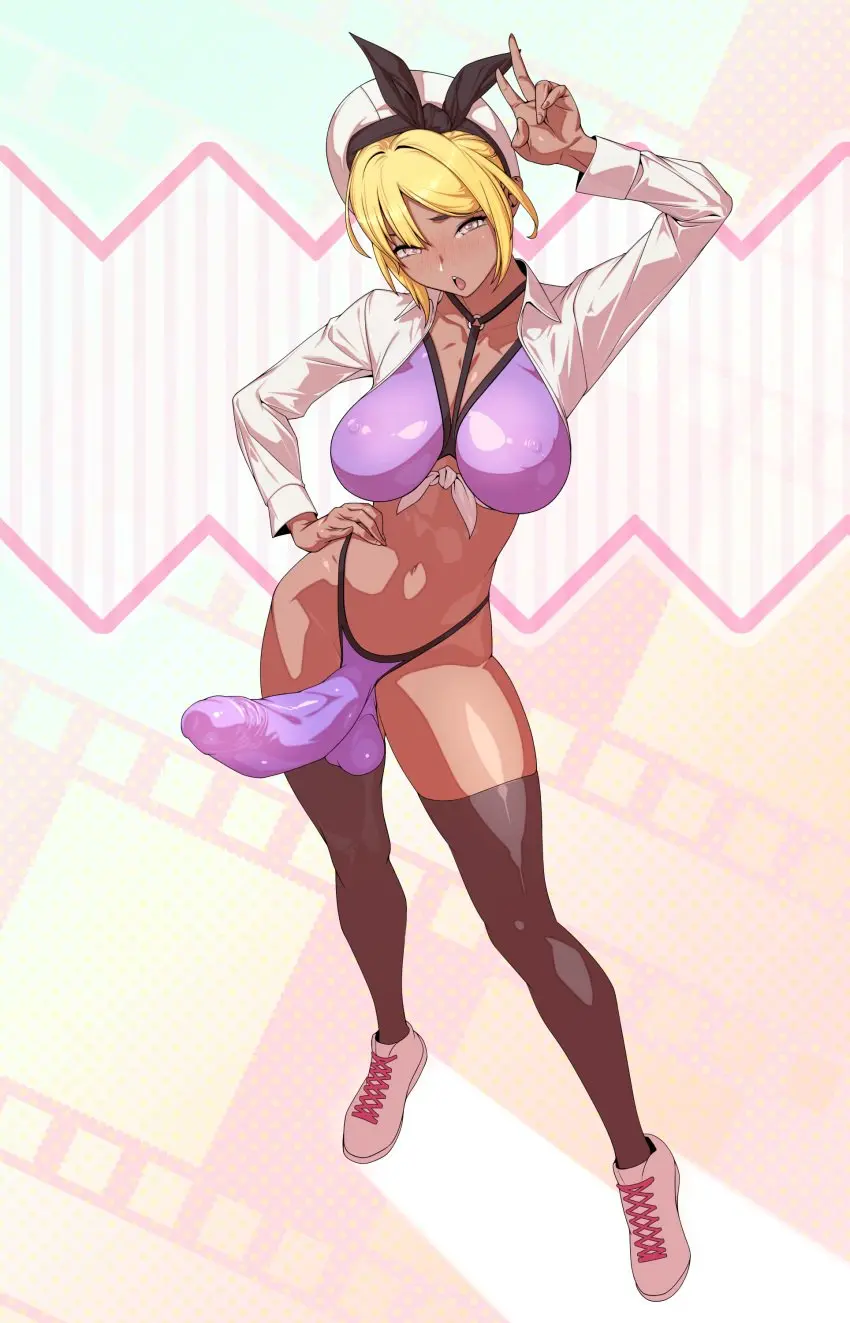 Image big_breasts,blush,breasts,brown_eyes,clothed,clothing,human,looking_at_viewer,smile,solo,standing,penis,short_hair,thighhighs,bikini,panties,big_penis,hat,thick_thighs,voluptuous,1futa,erection,futanari,intersex,dark_skin,wide_hips,smiling,smiling_at_viewer,huge_cock,blonde_hair,stockings,futa_only,bulge,erection_under_clothes,impossible_clothes,dark-skinned_futa,erect_nipples,full_body,shoes,mostly_nude,purple_bikini,voluptuous_futa,peace_sign,purple_panties,white_shoes,purple_bikini_bottom,purple_bikini_top,hard,tomoyuki_kotani