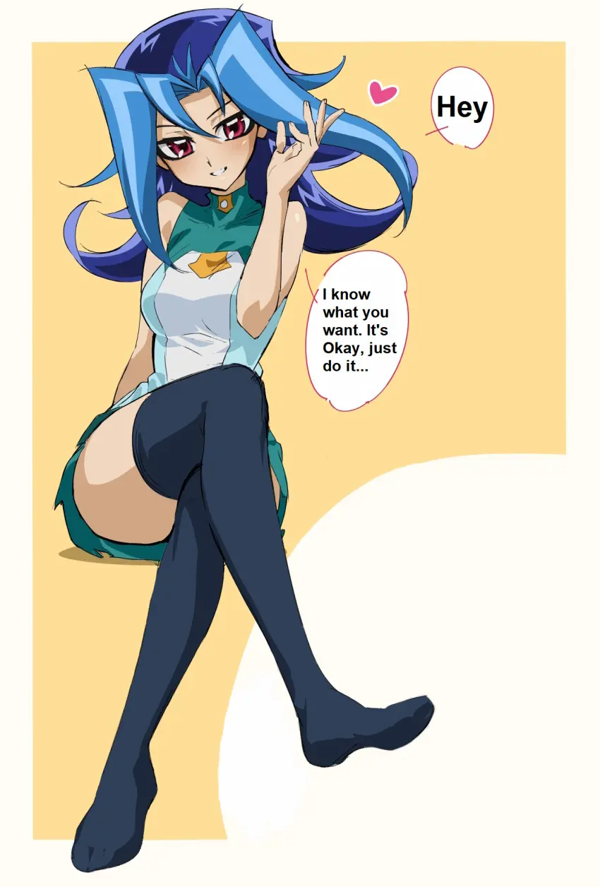 Image blush,female,hi_res,long_hair,looking_at_viewer,red_eyes,smile,solo,blue_hair,thighhighs,thick_thighs,thigh_socks,text,no_shoes,socks,yu-gi-oh!,translated,heart,black_socks,edit,legwear,short_skirt,kamishiro_rio,rio_kamishiro,yu-gi-oh!_zexal,dntks