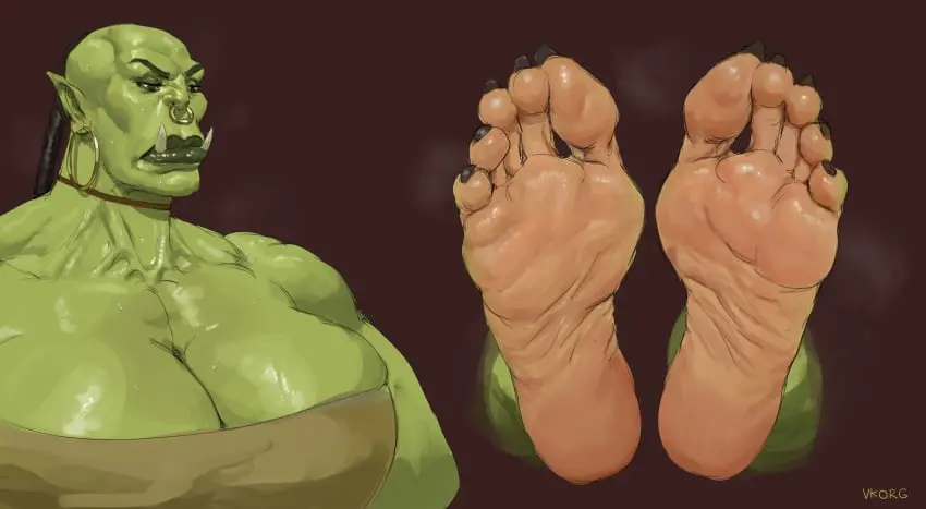 Image breasts,female,solo,solo_female,huge_breasts,foot_fetish,green_skin,sweatdrop,sweating,foot_focus,orc,orc_female,smelly_feet,vkorg