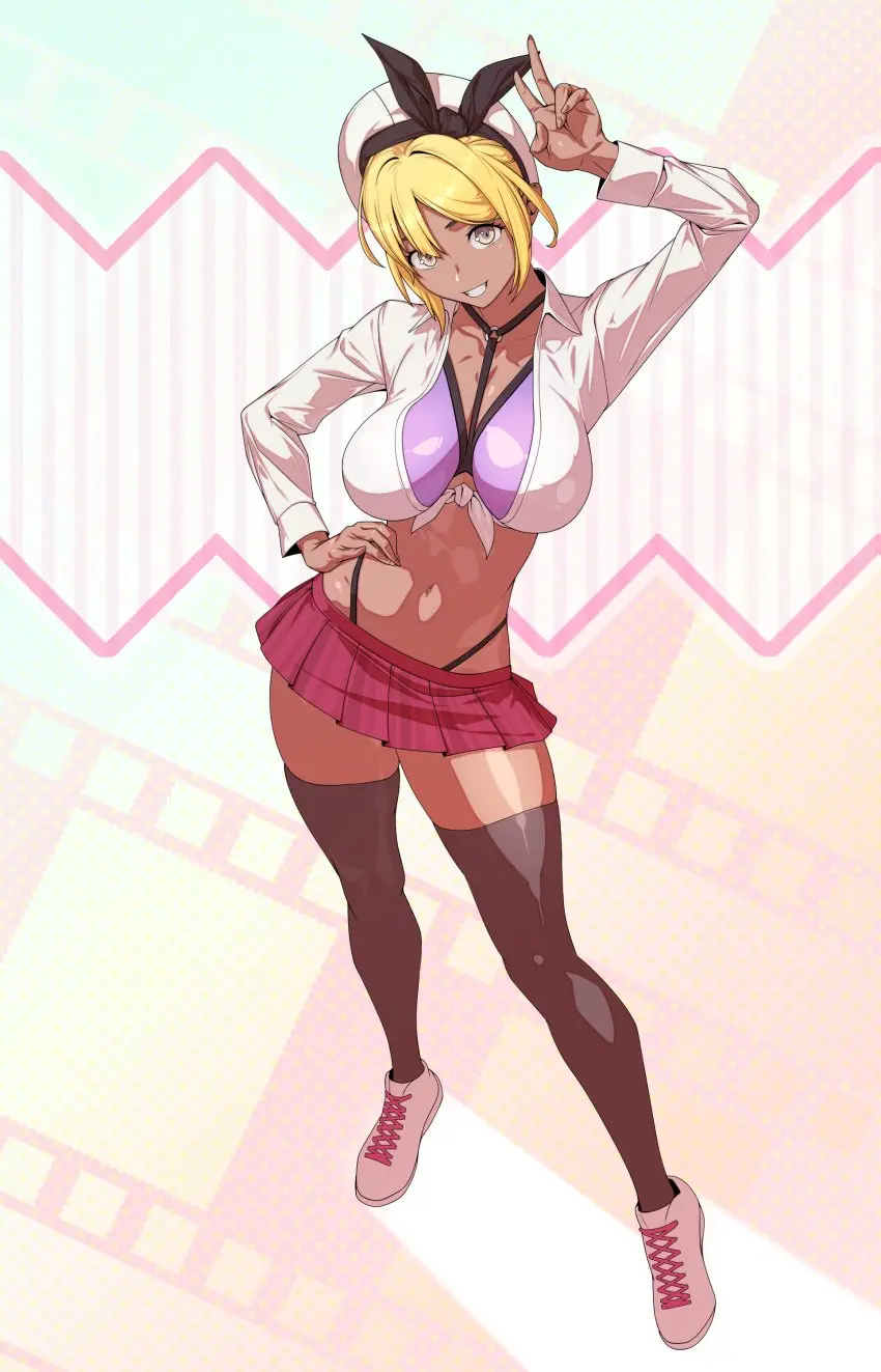Image 1girls,female,female_only,dark_skin,blonde_hair,stockings,dark-skinned_female,skirt,blonde_female,shoes,peace_sign,white_shoes,tomoyuki_kotani