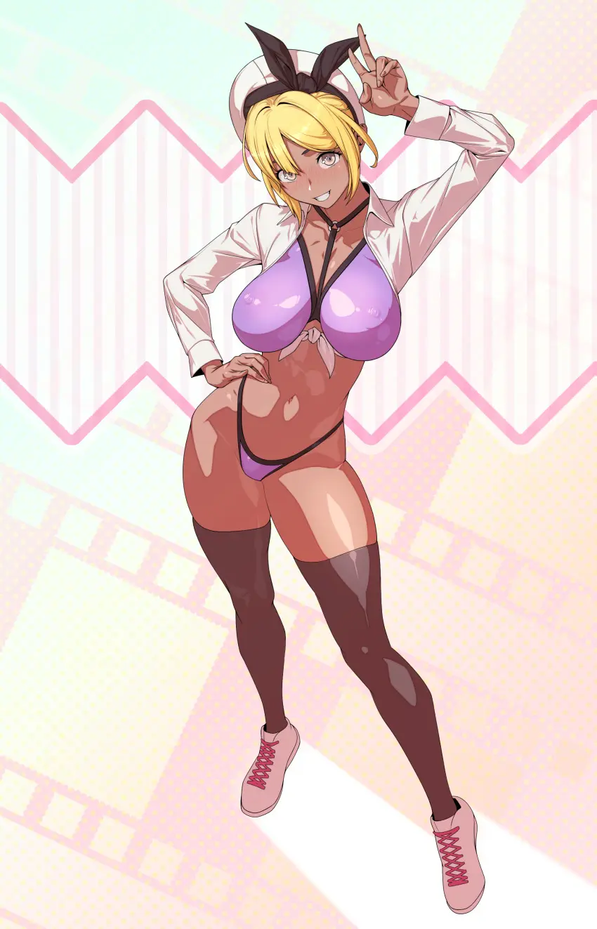 Image 1girls,female,female_only,dark_skin,blonde_hair,stockings,dark-skinned_female,blonde_female,shoes,purple_bikini,peace_sign,white_shoes,tomoyuki_kotani
