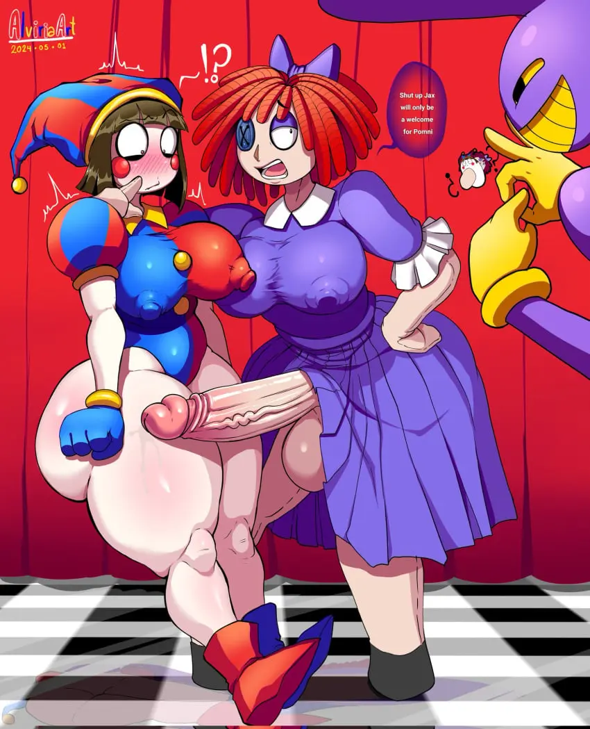 Image 1girls,big_breasts,breasts,clothed,clothing,female,light_skin,mostly_clothed,nipples,standing,1boy,male,penis,big_ass,huge_ass,thick_thighs,1futa,erection,futanari,humanoid,humanoid_penis,intersex,wide_hips,balls,huge_cock,dress,looking_at_penis,huge_balls,nipples_visible_through_clothing,duo_focus,penis_awe,penis_out,jax_(the_amazing_digital_circus),pomni_(the_amazing_digital_circus),ragatha_(the_amazing_digital_circus),the_amazing_digital_circus,alviriaart