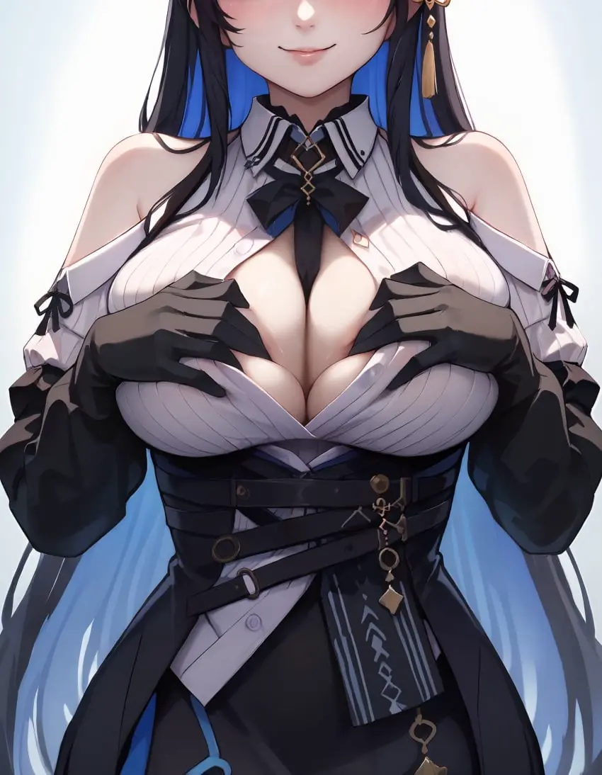 Image big_breasts,blush,breasts,clothing,collared_shirt,cowboy_shot,female,female_only,hair_ornament,large_breasts,long_hair,long_sleeves,open_clothes,open_shirt,shirt,simple_background,smile,solo,very_long_hair,white_background,black_gloves,black_hair,blue_hair,elbow_gloves,gloves,head_out_of_frame,multicolored_hair,virtual_youtuber,ai_generated,bare_shoulders,cleavage,stable_diffusion,dress,lips,hololive,closed_mouth,upper_body,ribbon,white_shirt,colored_inner_hair,off_shoulder,two-tone_hair,black_dress,high_resolution,necktie,unbuttoned,unbuttoned_shirt,between_breasts,hololive_english,hololive_english_-advent-,neck_ribbon,hand_on_own_chest,necktie_between_breasts,button_gap,imminent_paizuri,hand_on_chest,nerissa_ravencroft,off-shoulder_shirt,jenneth_blackray,paizuri_invitation,spread_cleavage