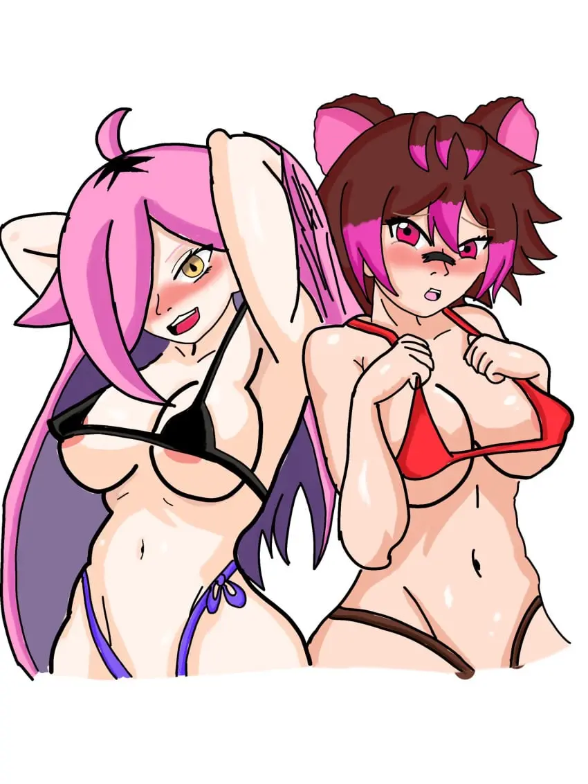 Image blush, breasts, female, long_hair, nipples, red_eyes, white_background, 2girls, multiple_girls, short_hair, yellow_eyes, red_hair, bikini, thighs, multicolored_hair, virtual_youtuber, pink_hair, vtuber, tagme, kemonomimi, brown_hair, raccoon_girl, vtuberfanart, latam_virtual_youtuber, neneefthy, rakkun