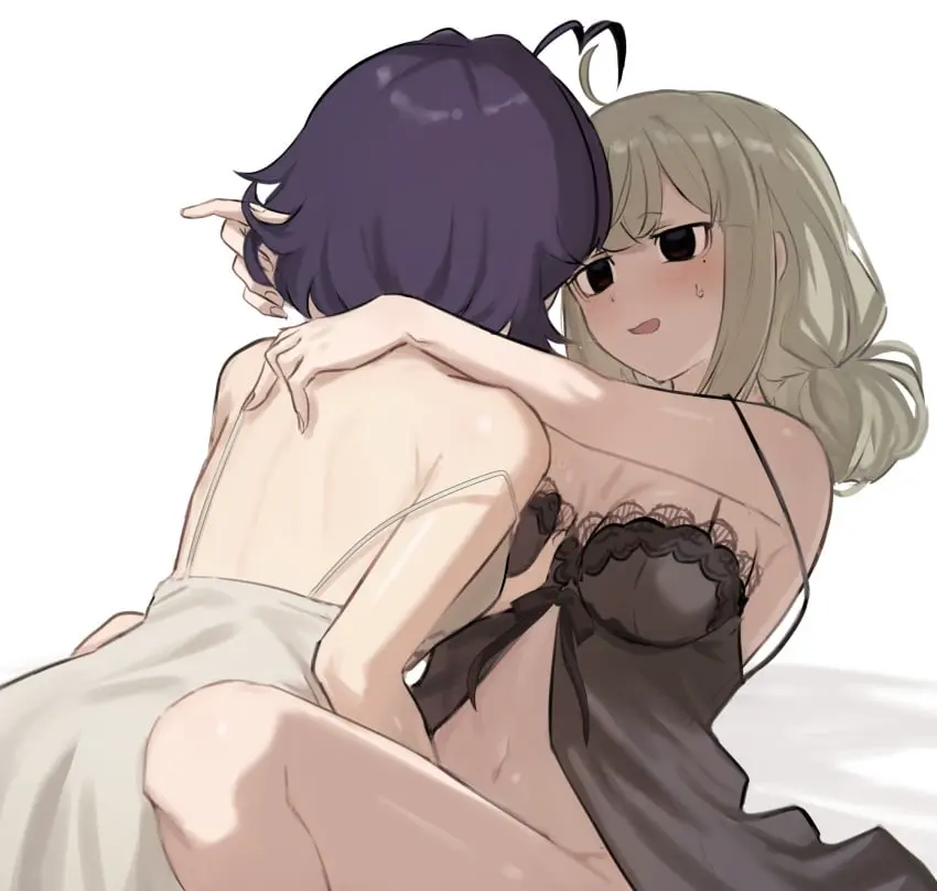 Image blush,breasts,female,highres,simple_background,2girls,multiple_girls,short_hair,small_breasts,cleavage,blonde_hair,medium_breasts,ahoge,purple_hair,sweatdrop,no_panties,grabbing,grabbing_another's_breast,yuri,strap_slip,breath,nightgown,mahou_shoujo_ni_akogarete,babydoll,implied_fingering,hiiragi_utena,white_nightgown,araga_kiwi,aoki_shizumi,black_babydoll
