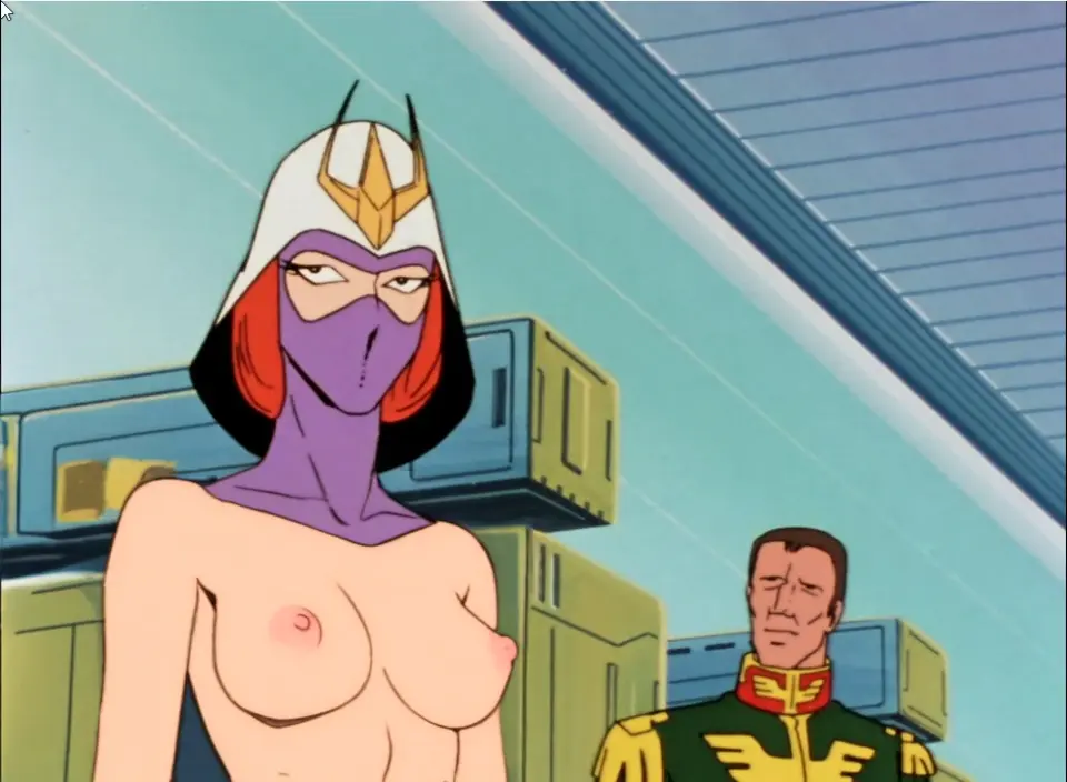 Image 1girls,breasts,female,human,light-skinned_female,light_skin,nipples,1boy,male,red_hair,ai_generated,medium_breasts,topless,upper_body,clothed_male_nude_female,villainess,ai_assisted,mask,helmet,gundam,masked_female,nude_filter,screenshot_edit,mobile_suit_gundam,kycilia_zabi,zeon