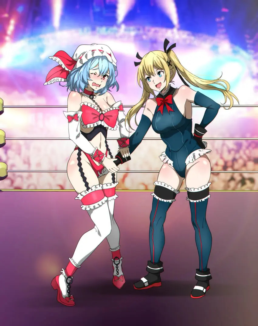 Image blush,female,female_only,human,light-skinned_female,open_mouth,touhou,2girls,blue_hair,multiple_girls,smiling,blonde_hair,stockings,artist_request,twintails,humiliation,revealing_clothes,leotard,tears,fully_clothed,dead_or_alive,catfight,wrestling,wrestling_outfit,embarrassing,wrestling_ring,remilia_scarlet,marie_rose,frilled_legwear,cuntbusting,crotch_grab,crotch_claw,frilled_leotard,marie_rose_(devilish_servant_against_the_splashing_waves),wrestlingryona