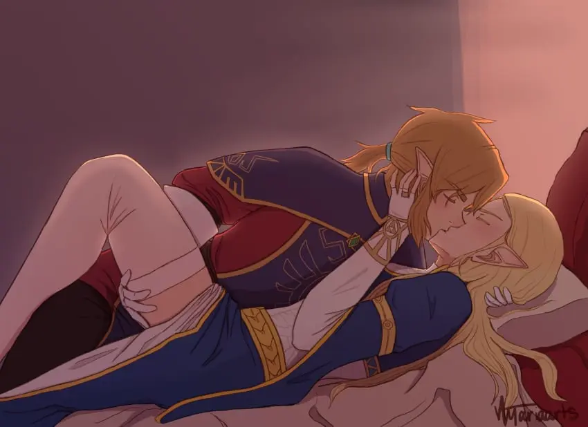 Image 1girls,blush,clothed,female,1boy,male,straight,thighhighs,white_legwear,lying,blonde_hair,pointy_ears,closed_eyes,nintendo,light_brown_hair,kissing,signature,breath_of_the_wild,princess_zelda,the_legend_of_zelda,zelda_(breath_of_the_wild),link,link_(breath_of_the_wild),the_legend_of_zelda:_breath_of_the_wild,the_legend_of_zelda:_tears_of_the_kingdom,royal_guard_link,amariaarts