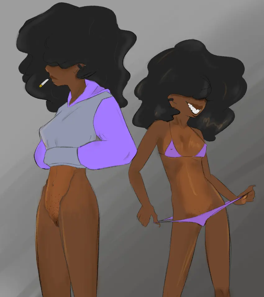 Image breasts,female,hands_in_pockets,human,standing,bikini,small_breasts,smiling,shaved_pussy,belly_button,solo_focus,white_teeth,dark_hair,dark-skinned_female,sharp_teeth,slim_waist,bottomless,skinny,skinny_girl,eyes_covered,nipples_visible_through_clothing,teasing,skinny_waist,cigarette,fluffy_hair,piercings,innie_pussy,human_female,cropped_jacket,visible_pussy,casual_exposure,pulling_panties,afro,purple_panties,hard_nipples,stretched_clothing,frenchybaguette,toothy_smile,darkened_pussy