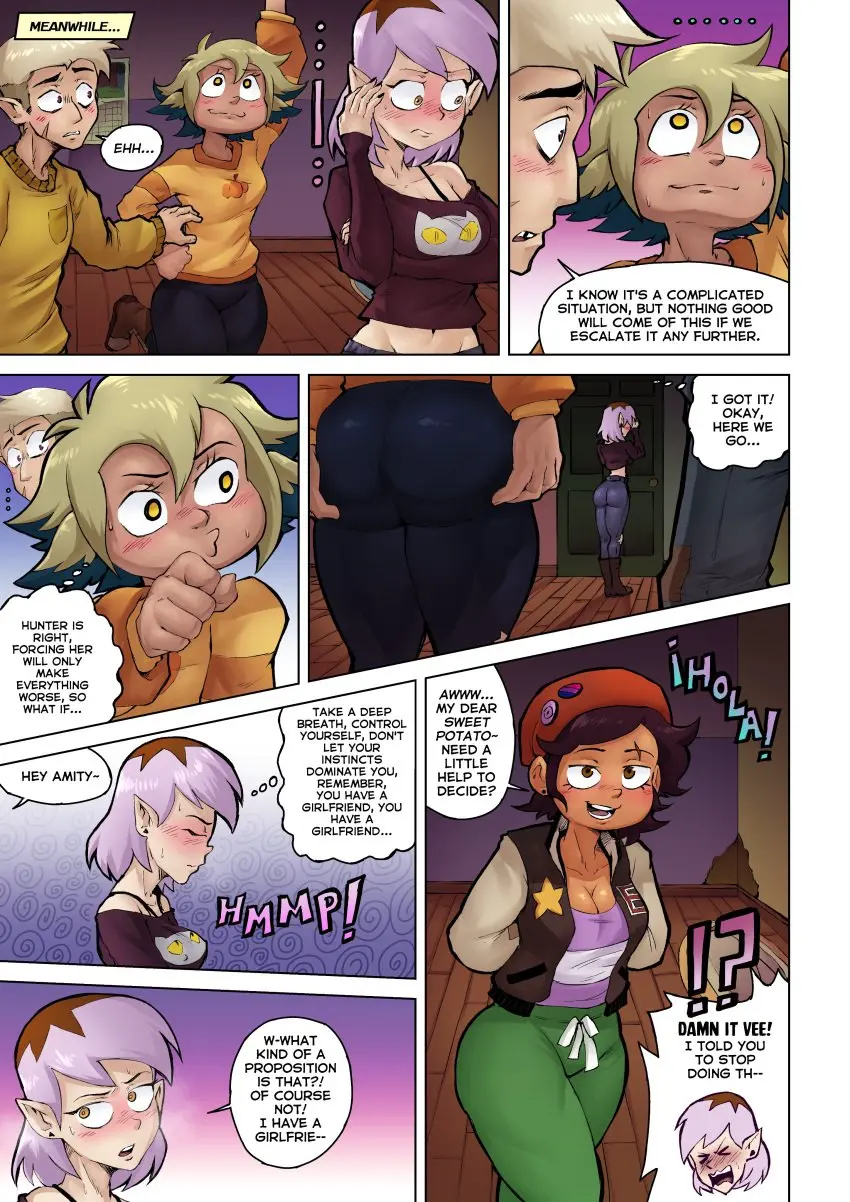 Image blush,brown_eyes,female,light-skinned_female,male,yellow_eyes,magenta_eyes,light-skinned_male,text,blonde_hair,brown_hair,dark-skinned_female,comic,dialogue,english_text,scar,the_owl_house,amity_blight,luz_noceda,eyebrow_scar,shapeshifter,hunter_(the_owl_house),ruddyrzaq,the_amiter_secret,light_purple_hair,vee_(the_owl_house),vee_(the_owl_house)_(human),cheek_scar,bisexual_pride_colors