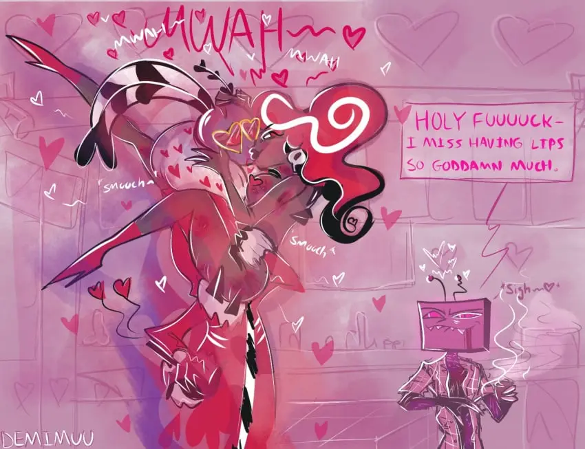Image female,text,tagme,naked,naked_female,kissing,hazbin_hotel,being_watched,vox_(hazbin_hotel),valentino_(hazbin_hotel),turned_on,velvette