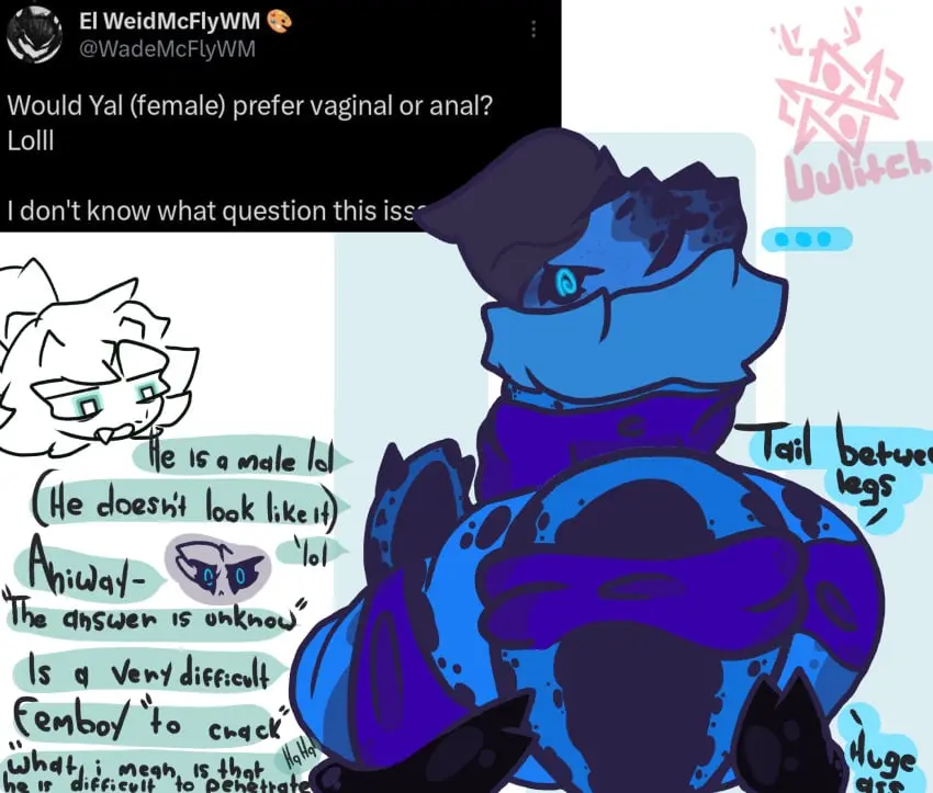 Image clothed,clothing,female,hi_res,looking_at_viewer,simple_background,solo,blue_eyes,male,tail,ass,big_butt,huge_butt,looking_back,thick_thighs,duo,kneeling,wide_hips,femboy,digital_media_(artwork),hair,anthro,twitter,text,what,fur,dialogue,horn,english_text,angry,blue_body,reptile,scalie,femboy_only,ass_up,speech_bubble,blue_fur,markings,topwear,meme,birthmark,uulitch,armor,meme_clothing,dinosaur,huge_hips,femboy_on_female,dromaeosaurid,theropod,tail_between_legs,ask_blog,ulit,yal