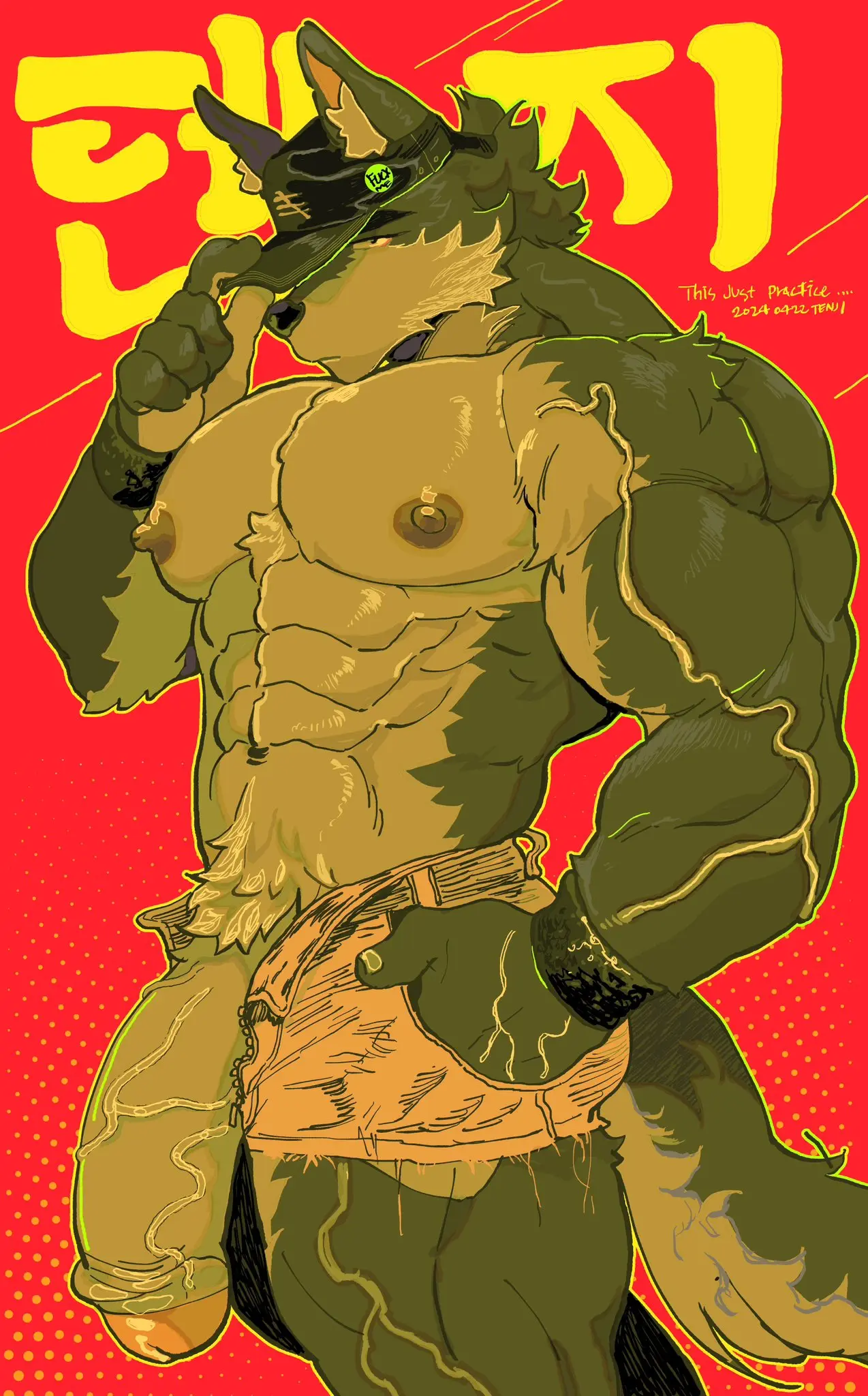Image cowboy_shot,highres,solo,1boy,animal_ears,male,penis,tail,furry,big_penis,uncensored,humanoid_penis,veins,muscular,muscular_male,male_only,yaoi,huge_cock,veiny_penis,original,pubic_hair,bara,male_pubic_hair,flaccid,wolf,pecs,shorts,foreskin,uncircumcised,thick_penis,half-erect,male_focus,abs,werewolf,pectorals,furry_male,open_fly,topless_male,large_pectorals,ten_g89,tenji_(ten_g89),red_background,chest_tuft,armband,short_shorts,adjusting_clothes,veiny_arms,hand_in_pocket,adjusting_headwear