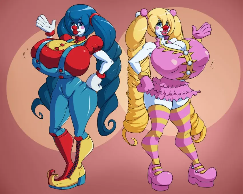 Image breasts,female,2girls,multiple_girls,navel,huge_ass,thick_thighs,wide_hips,midriff,huge_breasts,lips,revealing_clothes,eyeshadow,makeup,thick_lips,clown_girl,bimbo_lips,implied_transformation,spiralingstaircase,clown_shoes