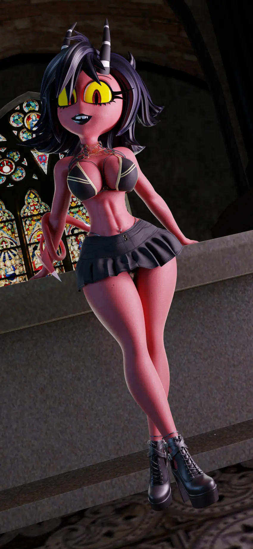 Image breasts,female,hi_res,short_hair,demon_tail,cleavage,thigh_gap,tagme,demon,necklace,3d,demon_girl,demon_horns,miniskirt,3d_(artwork),bikini_top,red_skin,3d_model,boots,helluva_boss,g-string,buckteeth,millie_(helluva_boss),belly_button_piercing,8k,himbo_swaggins