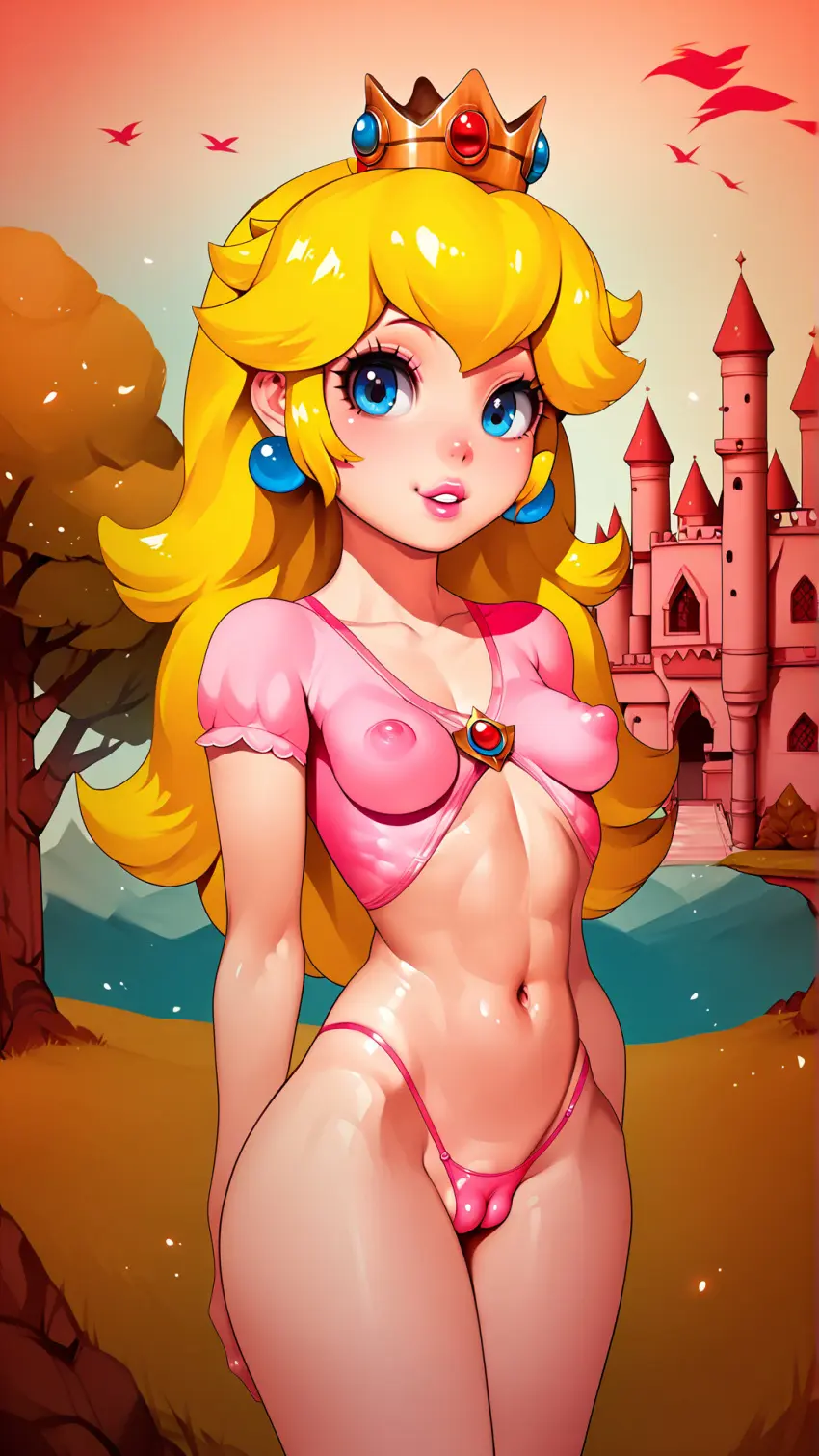Image 1girls,breasts,female,looking_at_viewer,solo,blue_eyes,navel,earrings,ai_generated,covered_nipples,midriff,blonde_hair,medium_breasts,stable_diffusion,mario_(series),cameltoe,outdoors,tight_clothing,sleeveless_shirt,pursed_lips,lipstick,thong,princess_peach,castle,erect_nipples,crown,arms_behind_back,perky_breasts,autismmix_pony(model),marusame