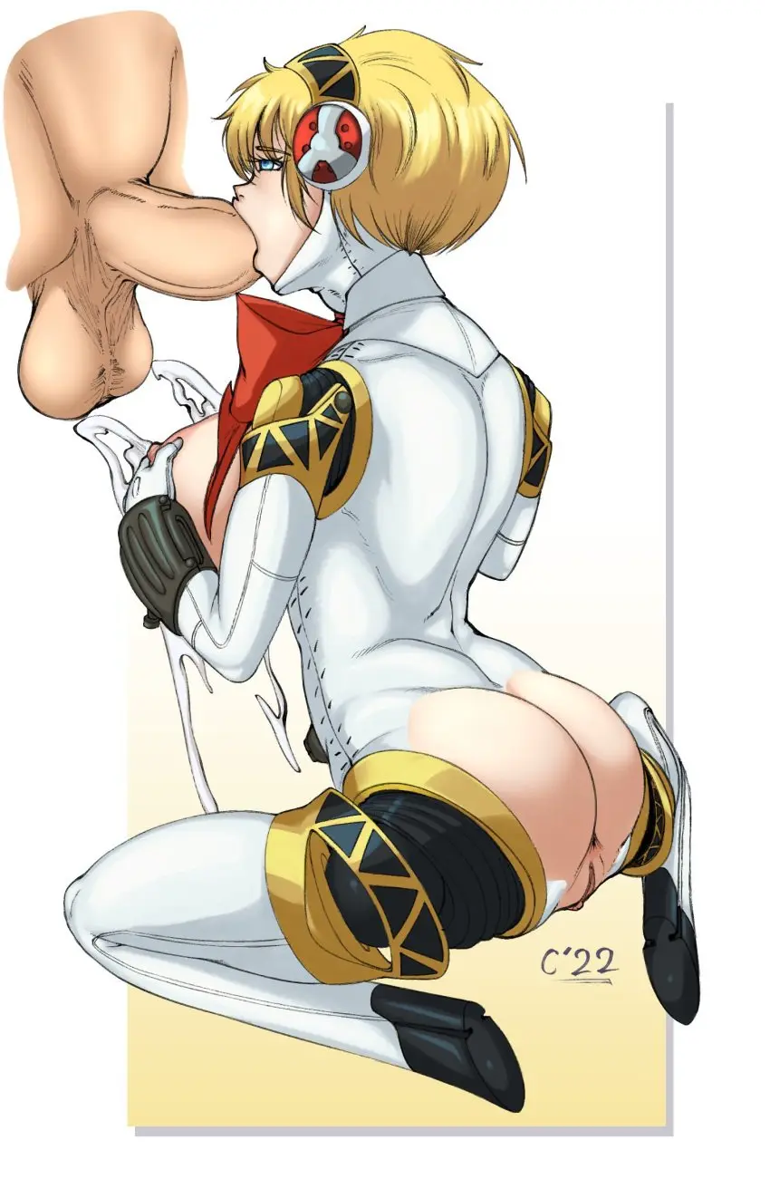 Image 1girls,breasts,clothing,female,1boy,blue_eyes,male,penis,short_hair,kneeling,partial_male,huge_breasts,blonde_hair,spread_legs,lactation,blowjob,large_penis,persona,robot,persona_3,touching_breast,makoto_yuki,aegis_(persona),aigis_(persona),crankodile