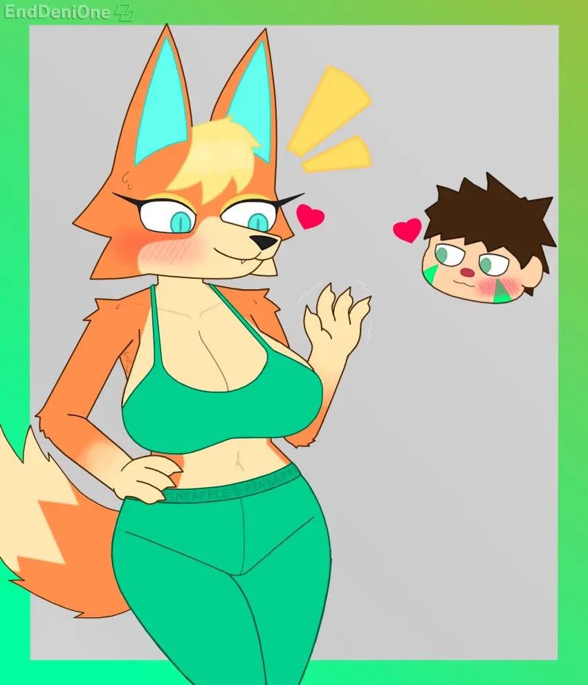 Image 1girls,female,human,1boy,blue_eyes,male,straight,sweat,furry,watermark,sports_bra,sportswear,anthro,blonde_hair,looking_at_partner,brown_hair,sweatdrop,nintendo,wolf,heart,animal_crossing,fox,waving,love,1anthro,audie_(animal_crossing),1human,enddeni_(enddenione),enddenione