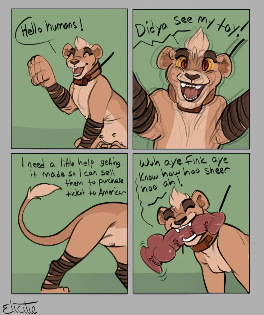 Image clothed,clothing,female,hi_res,smile,solo,yellow_eyes,teeth,text,genitals,mammal,dialogue,sex_toy,dildo,gesture,talking_to_viewer,feral,felid,waving,anatomically_correct,anatomically_correct_genitalia,lion,shaking,pantherine,animal,camera,clothed_feral,elicitie,silky_(elicitie)