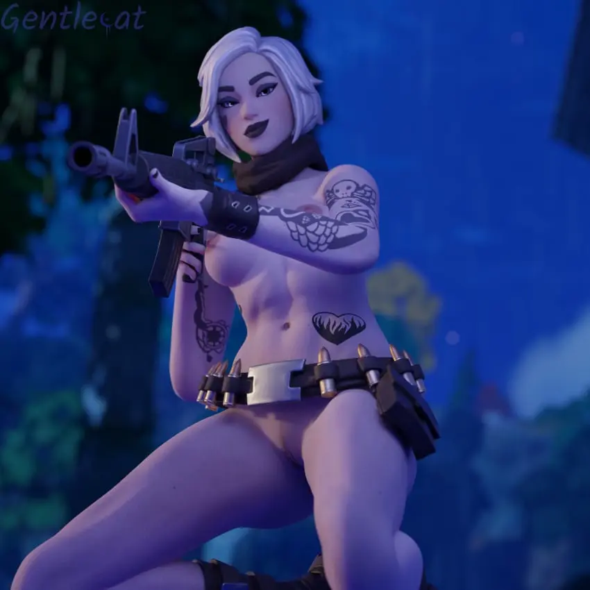 Image female,human,white_hair,kneeling,fortnite,tagme,gentlecat,pale-skinned_female,pale_skin,high_heels,footwear,belt,on_knees,naked_footwear,smirking,weapon,forest,scarf,casual,gun,nudist,tattoos,rifle,dusk,firearm,tactical_nudity,tess_(fortnite)