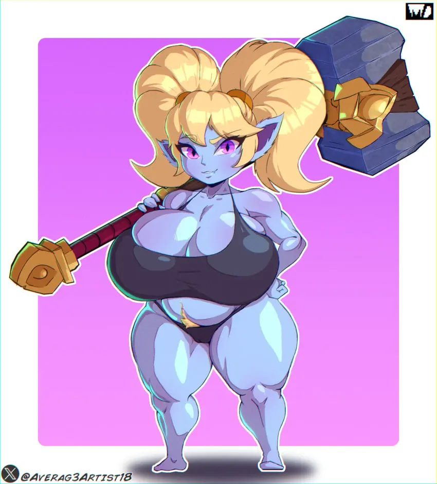 Image female,female_only,looking_at_viewer,solo,female_focus,solo_female,solo_focus,blonde_hair,pubic_hair,twintails,shortstack,blue_body,league_of_legends,poppy,yordle,riot_games,blue_skin,averag3artist18