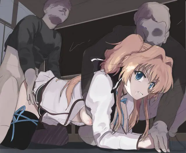 Image 1girls,bow,breasts,female,open_shirt,blue_eyes,male,ponytail,doggy_style,2boys,ambiguous_penetration,drooling,blonde_hair,medium_breasts,stockings,school_uniform,rape,school,assisted_rape,pants_removed,lifted_shirt,n-vibration,mashiroiro_symphony,sena_airi