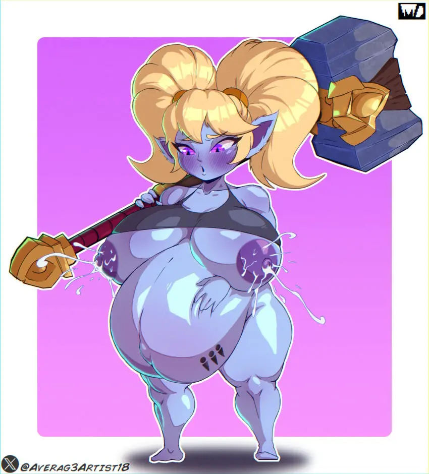 Image female,female_only,looking_at_viewer,solo,female_focus,pregnant,ready_to_pop,solo_female,solo_focus,blonde_hair,lactation,pubic_hair,twintails,shortstack,blue_body,league_of_legends,poppy,yordle,riot_games,blue_skin,averag3artist18