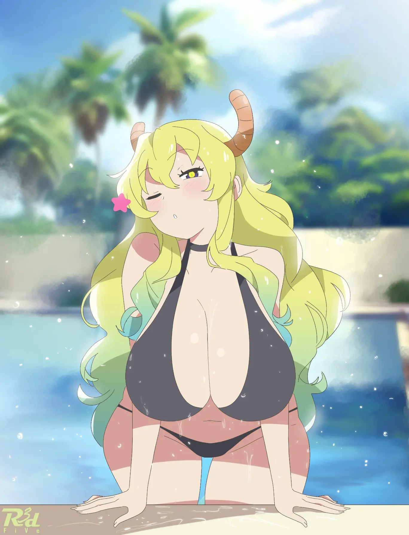 Image 1girls,big_breasts,blush,breasts,female,bikini,multicolored_hair,horns,artist_name,cleavage,blonde_hair,wink,winking_at_viewer,swimsuit,busty,star,pool,lucoa,lucoa_(maidragon),miss_kobayashi's_dragon_maid,quetzalcoatl_(dragon_maid),dripping_wet,r3dfive