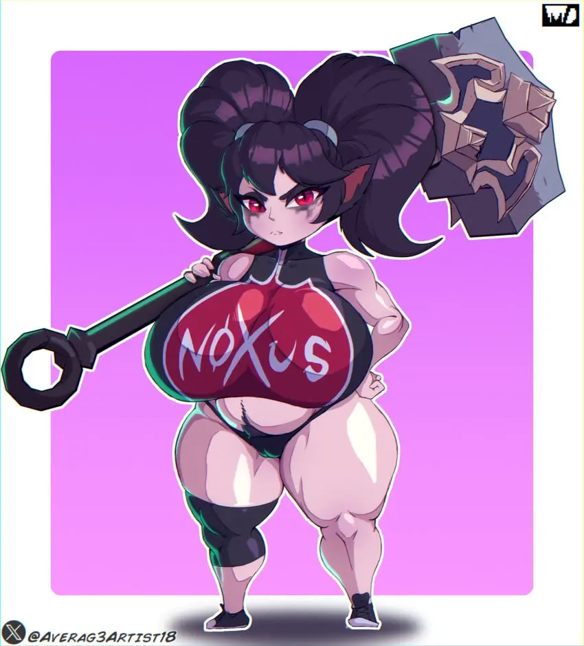 Image female,female_only,looking_at_viewer,solo,female_focus,solo_female,solo_focus,blonde_hair,pubic_hair,twintails,shortstack,blue_body,league_of_legends,poppy,yordle,riot_games,blue_skin,averag3artist18,noxus_poppy