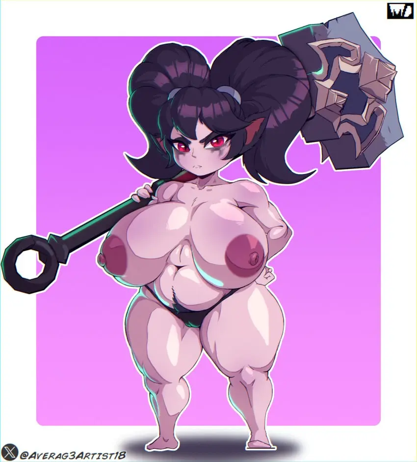 Image female,female_only,looking_at_viewer,solo,black_hair,female_focus,solo_female,solo_focus,pubic_hair,twintails,shortstack,league_of_legends,poppy,yordle,riot_games,pink_body,pink_skin,averag3artist18,noxus_poppy