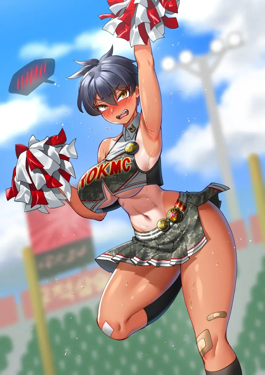 Image 1girls,blush,breasts,female,female_only,looking_at_viewer,solo,short_hair,sweat,thighs,wide_hips,armpits,embarrassed,underboob,original,original_character,tanline,tanned_skin,tanned,tanned_female,sharp_teeth,skirt,pleated_skirt,high_resolution,tomboy,crop_top,cheerleader,cheerleader_uniform,very_high_resolution,pom_poms,stadium,crop_top_overhang,rokmc_chan,hitch_(hitch_driessen/perotoss400/kirochef)