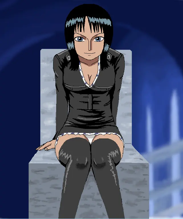 Image 1girls,female,female_only,black_hair,thighhighs,panties,one_piece,sitting,dress,mature_female,white_panties,black_dress,black_thighhighs,upskirt,nico_robin,thigh_boots,pre-timeskip,zettai_ryouiki,yonkaku,water_7,pre_timeskip