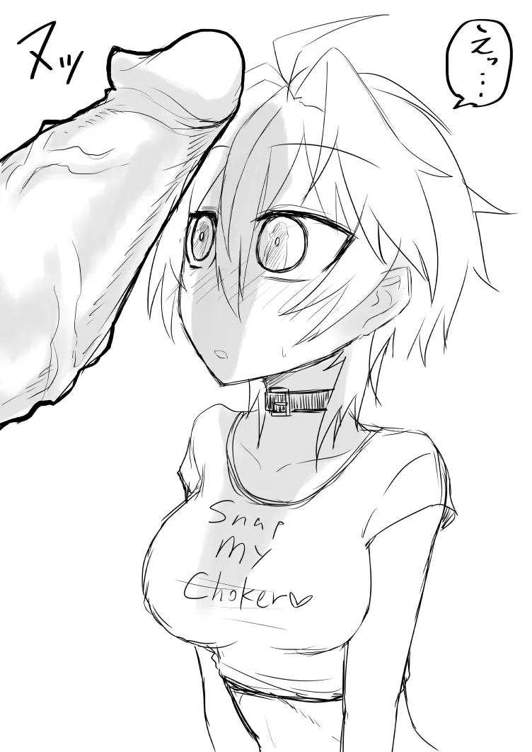 Image 1girls,breasts,female,large_breasts,1boy,male,penis,short_hair,choker,midriff,veiny_penis,monochrome,english_text,translation_request,vocaloid,speech_bubble,tomboy,crop_top,greyscale,no_color,print_shirt,v_flower,kurakumo_nue