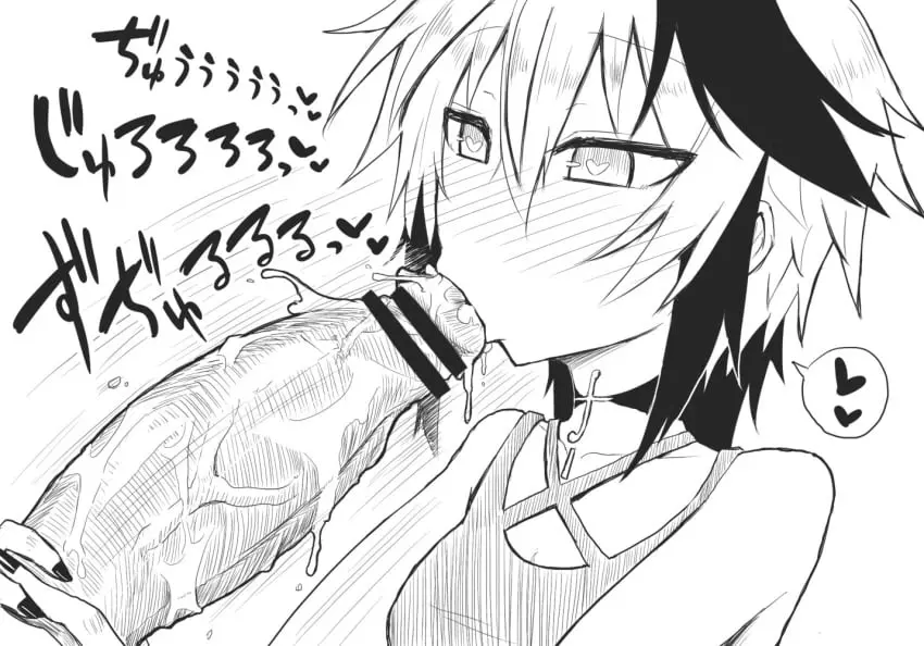 Image 1girls,female,1boy,cum,male,oral,penis,short_hair,choker,fellatio,veiny_penis,text,dress,censored,saliva,pov,monochrome,oral_sex,looking_at_penis,heart,translation_request,vocaloid,speech_bubble,tomboy,greyscale,no_color,v_flower,kurakumo_nue