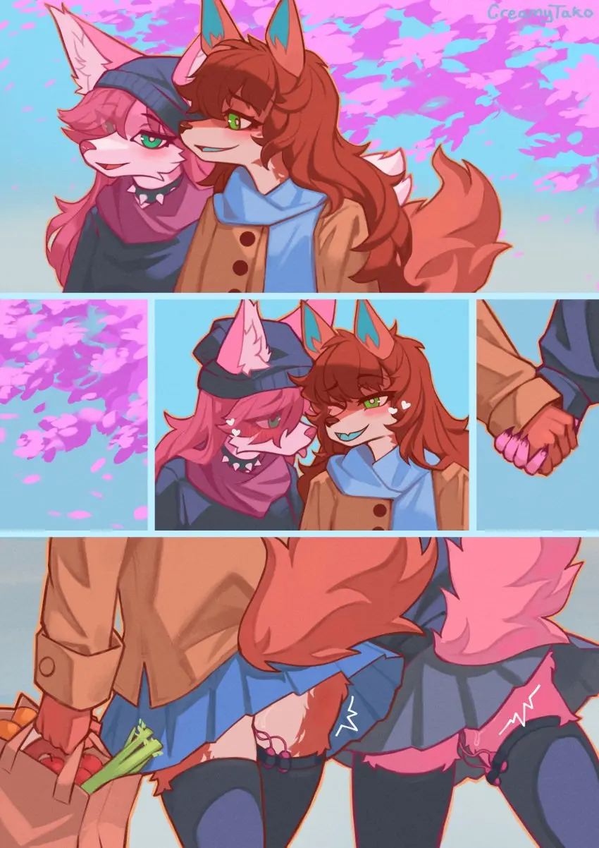 Image clothed,clothing,female,hi_res,smile,hand_holding,hat,duo,headwear,headgear,anthro,collar,skirt,canid,canine,fur,mammal,sex_toy,legwear,thigh_highs,outside,female/female,tree,fully_clothed,fox,plant,topwear,scarf,pink_body,heart_symbol,beanie,walking,spikes,pink_fur,bottomwear,vibrator,spiked_collar,food,apple,fruit,coat,vegetable,grocery_bag,creamytako,hidden_vibrator,groceries,celery,hidden_sex_toy,pink_haie