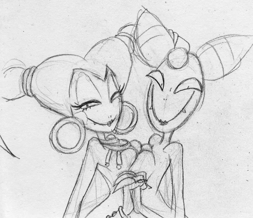 Image breasts,female,2girls,anthro,monster,mario_(series),monochrome,breast_press,traditional_media_(artwork),witch,2014,mario_and_luigi_(series),the_golden_bird,witch_(kin_no_tori),cackletta,praiz