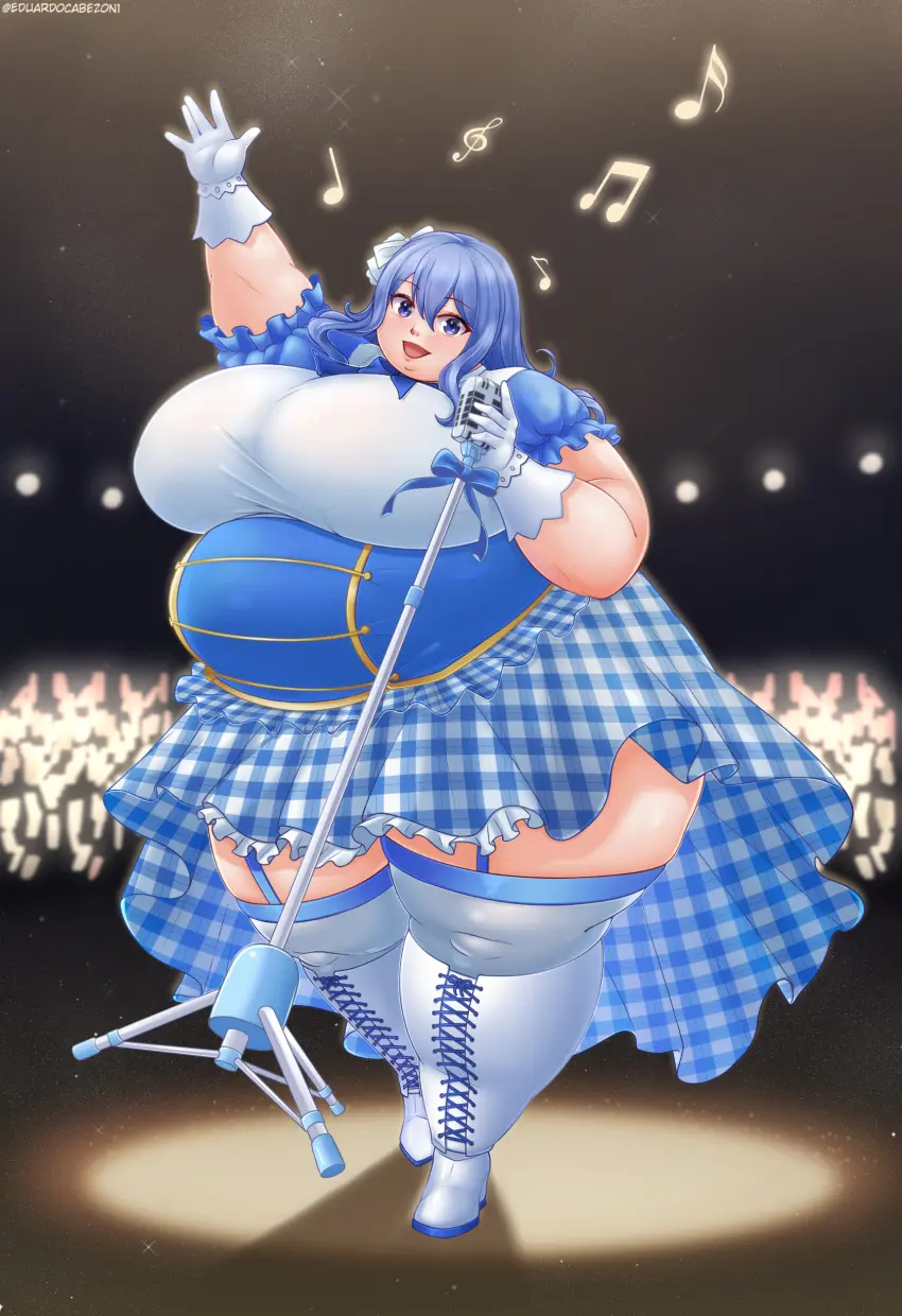 Image 1girls,2023,big_breasts,breasts,female,long_hair,blue_hair,thick_thighs,thighs,wide_hips,belly,big_belly,huge_breasts,microphone,fat,fat_female,overweight,overweight_female,fat_fetish,obese,bbw,obese_female,blue_clothing,large_belly,fat_thighs,fairy_tail,weight_gain,checkered_skirt,fat_belly,idol,double_chin,plaid_skirt,musical_note,fat_arms,educabezon,microphone_stand,blue_boots,juvia_lockser,blue_theme,singing,lace-up_boots
