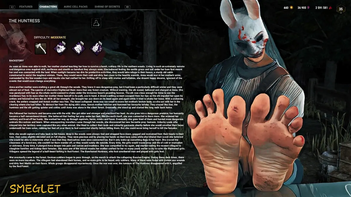Image female,barefoot,feet,foot_fetish,soles,dirty_feet,foot_focus,red_nail_polish,caucasian,dead_by_daylight,dbd,huntress_(dead_by_daylight),caucasian_female,backstory