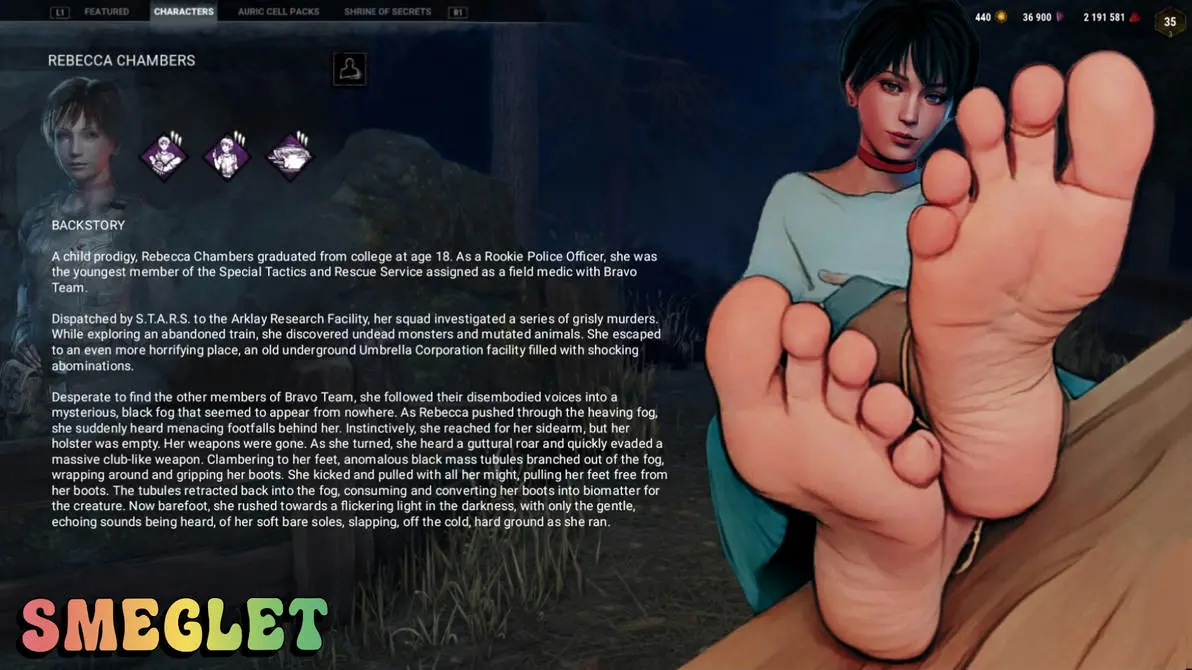 Image female,short_hair,feet,text,foot_fetish,brown_hair,3d,foot_focus,resident_evil,caucasian,dead_by_daylight,rebecca_chambers,caucasian_female,backstory