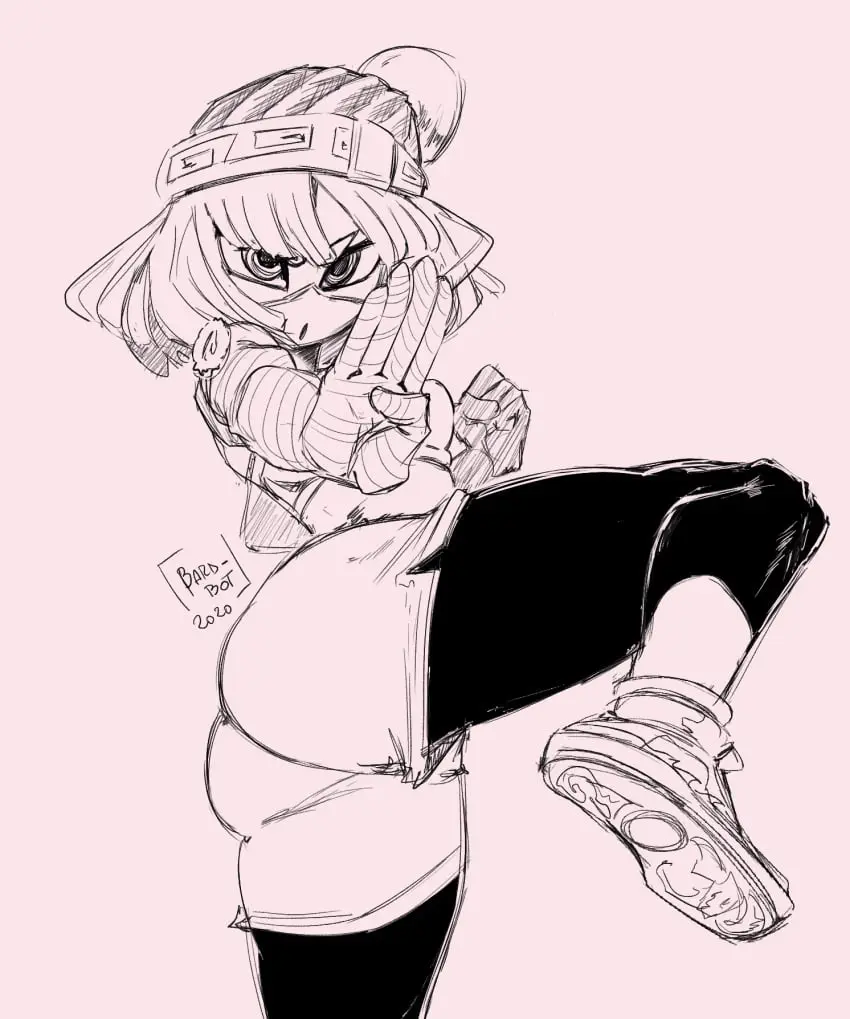 Image 1girls,female,hi_res,highres,ass,tagme,nintendo,cute,black_and_white,artist_signature,yellow_hair,fully_clothed,beanie,2020,arms_(game),bard-bot,min_min_(arms)