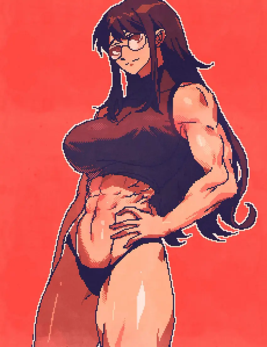 Image 1girls,breasts,brown_eyes,cowboy_shot,female,hi_res,large_breasts,long_hair,looking_at_viewer,simple_background,solo,standing,panties,underwear,curly_hair,thick_thighs,muscular,glasses,original,absurd_res,black_panties,matching_hair/eyes,muscular_female,tank_top,crop_top,pixel_art,red_background,choi_jinseon_(spoiledmuffin),spoiledmuffin
