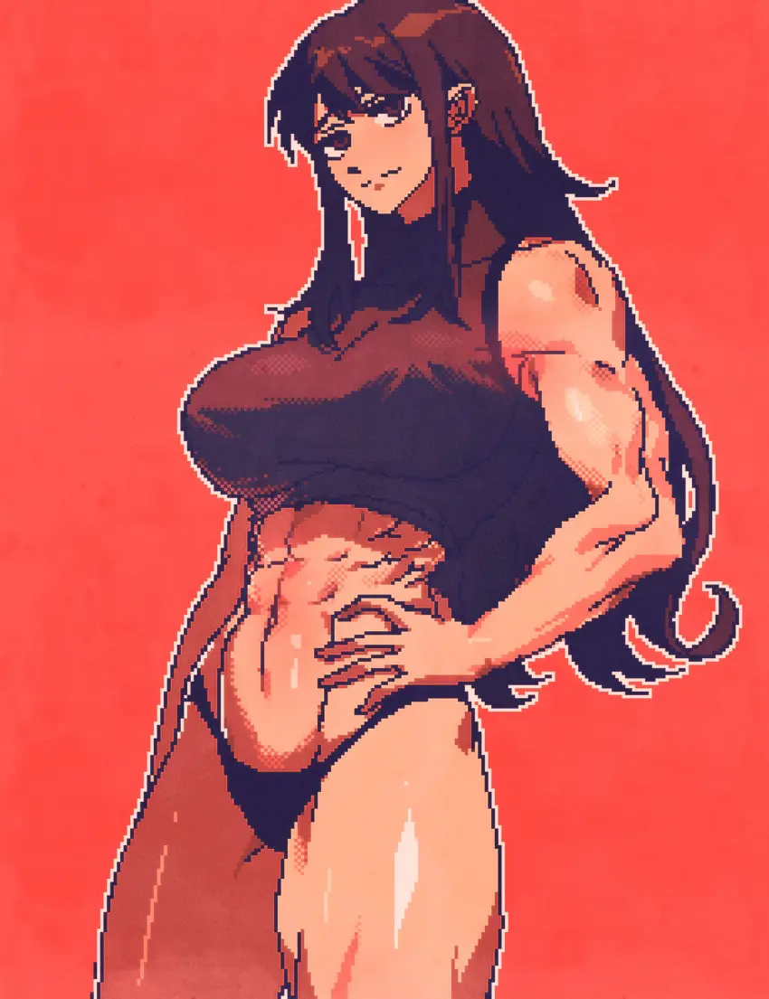 Image 1girls,breasts,brown_eyes,cowboy_shot,female,hi_res,large_breasts,long_hair,looking_at_viewer,simple_background,solo,standing,panties,underwear,curly_hair,thick_thighs,muscular,original,absurd_res,black_panties,matching_hair/eyes,muscular_female,tank_top,crop_top,pixel_art,red_background,choi_jinseon_(spoiledmuffin),spoiledmuffin