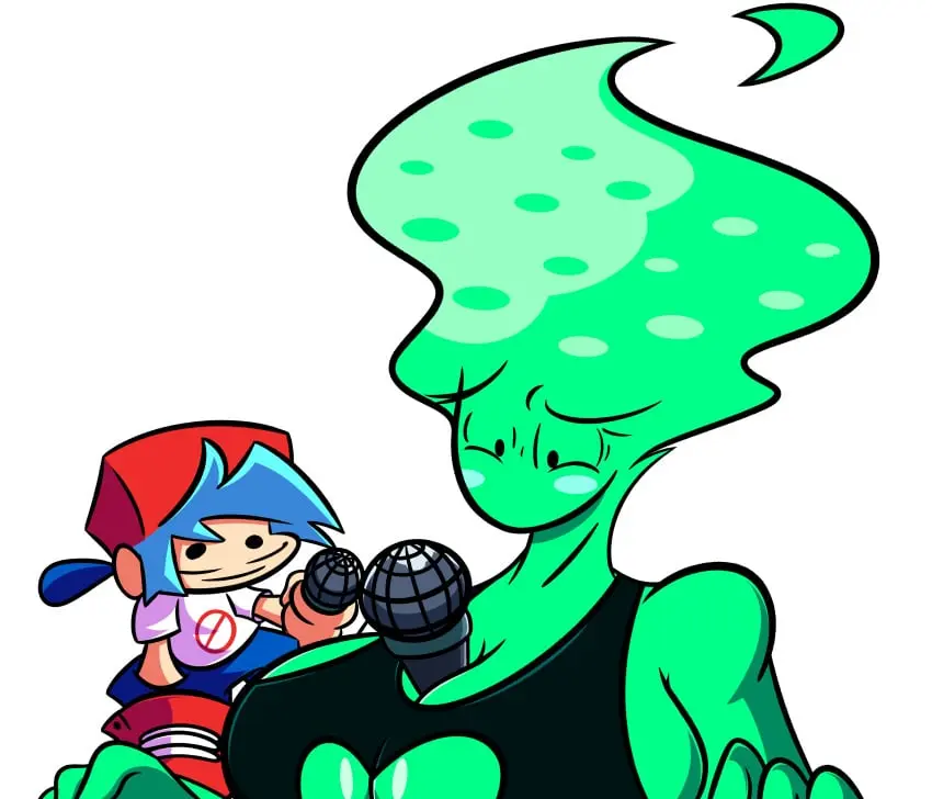 Image 1girls,big_breasts,breasts,female,1boy,male,sideboob,looking_down,green_body,microphone,object_between_breasts,fire,elemental_creature,boob_window,friday_night_funkin,friday_night_funkin_mod,boyfriend_(friday_night_funkin),looking_at_breasts,half_body,minusbrush,f'lata_flare_(minusbrush),lifted_spirits