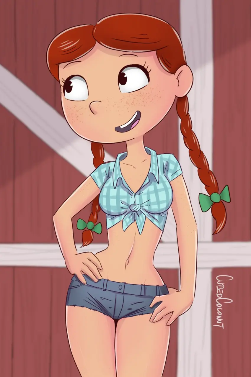 Image 1girls,female,shirt,solo,red_hair,thighs,freckles,wide_hips,artist_name,hourglass_figure,shorts,freckles_on_face,hands_on_hips,jean_shorts,braids,2018,cubedcoconut,hey_arnold!,lila_sawyer
