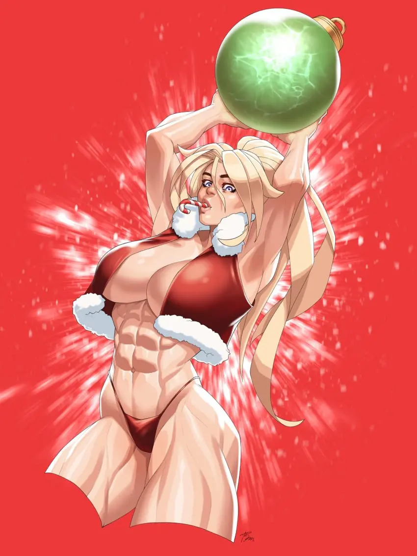 Image 1girls,breasts,female,hi_res,large_breasts,long_hair,looking_at_viewer,red_eyes,solo,panties,underwear,ponytail,muscular,cleavage,blonde_hair,original,absurd_res,christmas,abs,signature,muscular_female,red_panties,arii_(r62),r62