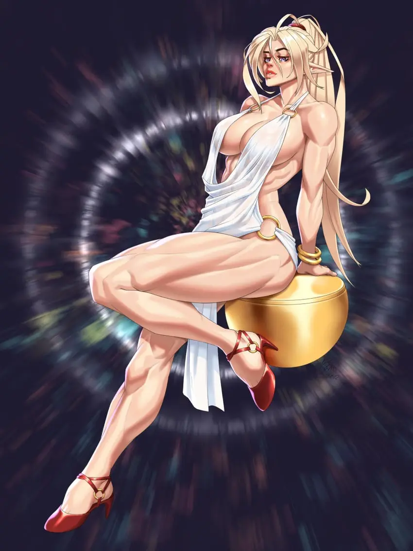 Image 1girls,female,hi_res,looking_at_viewer,solo,blue_eyes,thick_thighs,muscular,blonde_hair,dress,original,pointy_ears,absurd_res,white_dress,high_heels,abs,muscular_female,cocktail_dress,new_year,arii_(r62),r62