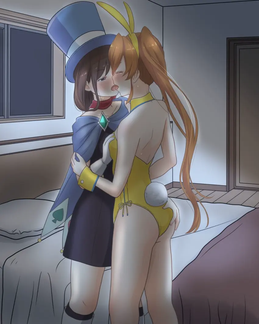 Image female,light-skinned_female,2girls,multiple_girls,red_hair,color,digital_drawing_(artwork),orange_hair,tagme,dress,half-closed_eyes,brown_hair,closed_eyes,bunny_ears,bed,detached_collar,cape,grabbing,yuri,side_ponytail,bunnysuit,kissing,window,grabbing_ass,fully_clothed,scarf,top_hat,gyakuten_saiban,grabbing_breasts,holding_partner,backless_outfit,trucy_wright,magician,athena_cykes,karurakurosawa