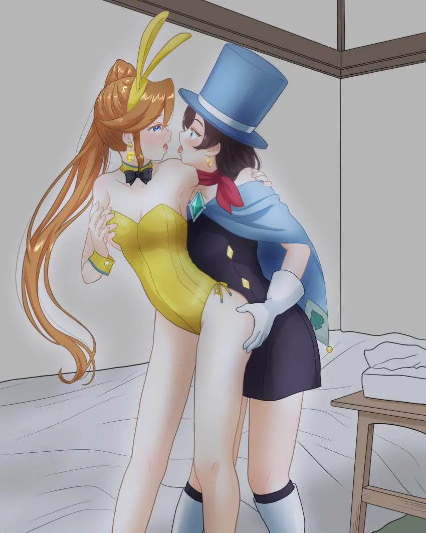 Image female,light-skinned_female,2girls,multiple_girls,red_hair,color,digital_drawing_(artwork),orange_hair,tagme,dress,looking_at_partner,brown_hair,bed,detached_collar,cape,grabbing,looking_at_another,yuri,side_ponytail,bunnysuit,kissing,grabbing_ass,fully_clothed,scarf,top_hat,bowtie,gyakuten_saiban,grabbing_breasts,holding_partner,trucy_wright,magician,nightstand,athena_cykes,karurakurosawa
